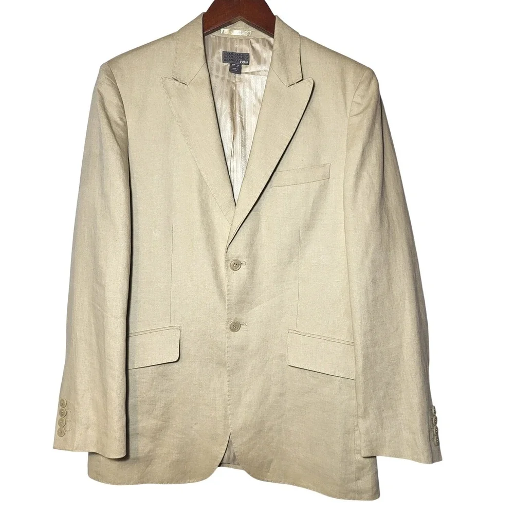 H&M Mens Linen Blend Blazer Beige Tan Two Button Peak Lapel Sport‎ Coat 36